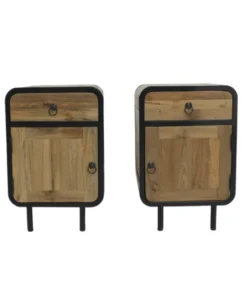 Teak houten industriële ronde hoeken nachtkastjes set van 2 glad