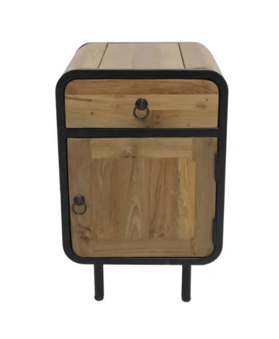 Teak houten industriële ronde hoeken nachtkastjes set van 2 glad