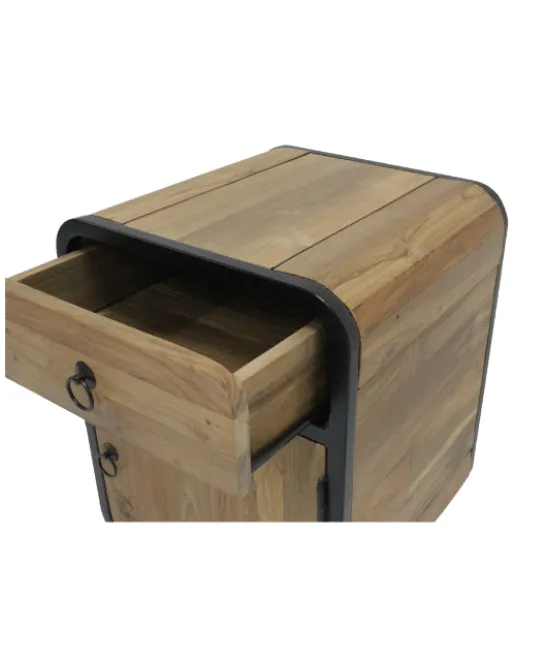 Teak houten industriële ronde hoeken nachtkastjes set van 2 glad