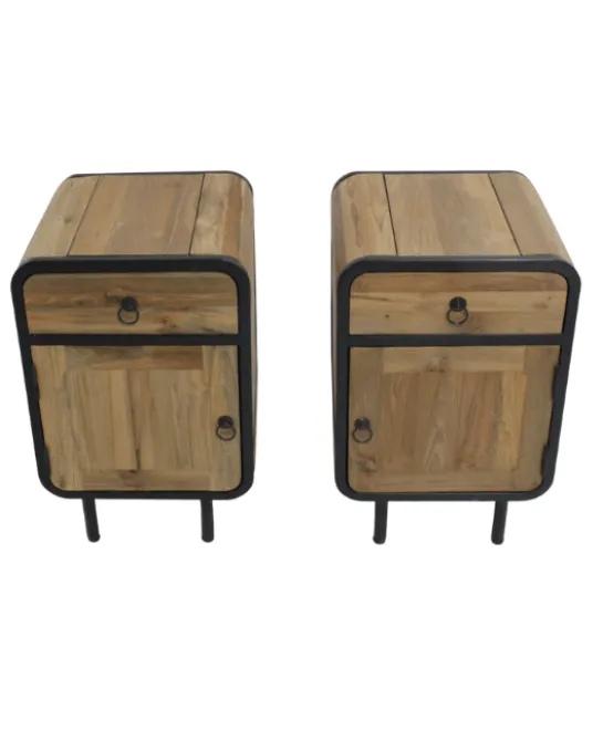 Teak houten industriële ronde hoeken nachtkastjes set van 2 glad