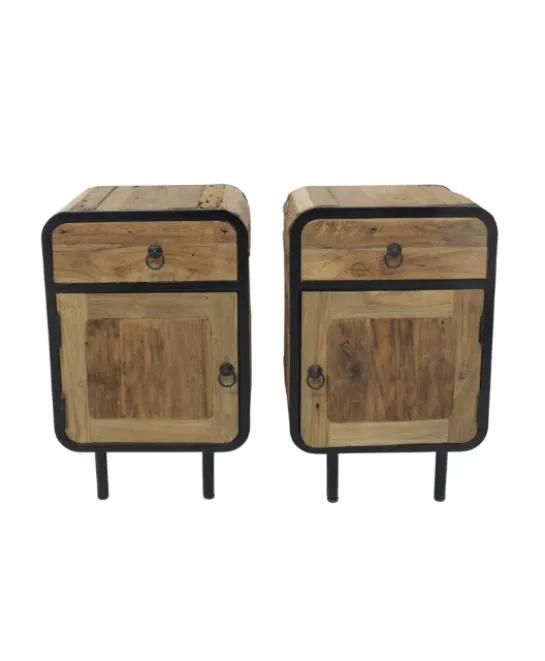 Teak houten industriële ronde hoeken nachtkastjes set van 2 ruw