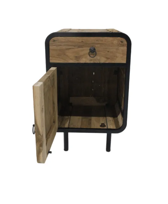 Teak houten industriële ronde hoeken nachtkastjes set van 2 ruw