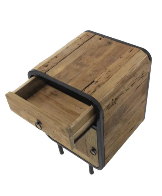 Teak houten industriële ronde hoeken nachtkastjes set van 2 ruw