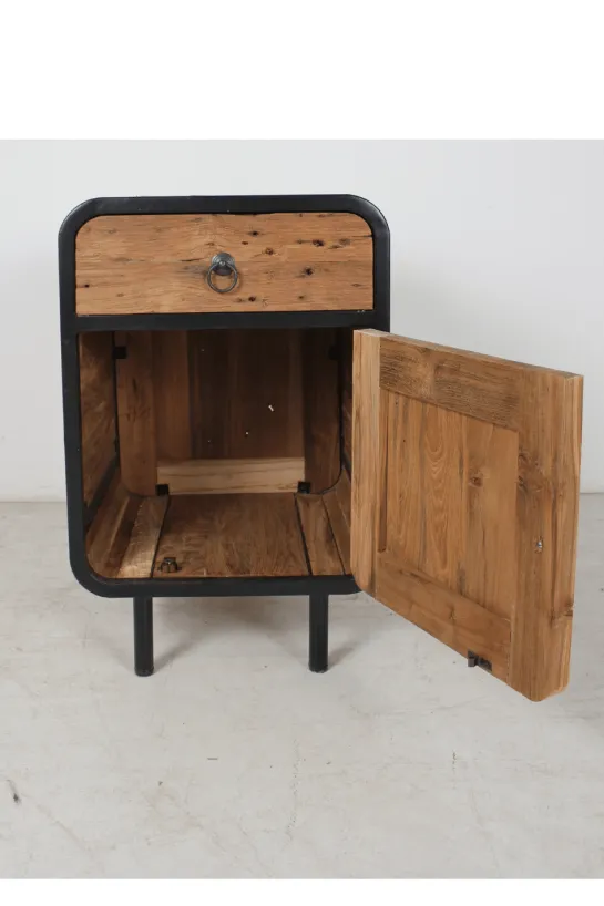 Teak houten industriële ronde hoeken nachtkastjes set van 2 ruw