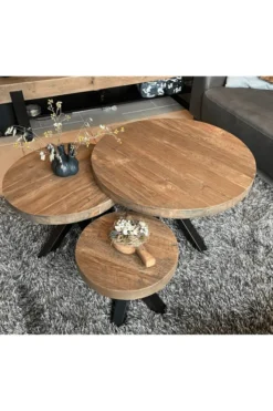 Teakhouten ronde salontafel met metalen spin poot