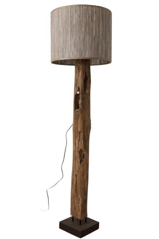 Teakhouten Staande Lamp met Beige Kap