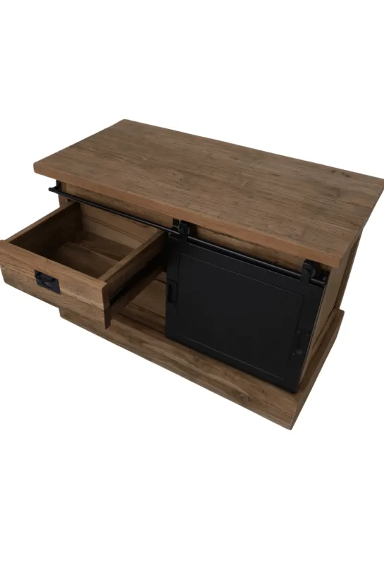 Teak Houten TV-Meubel met Metalen Schuifdeur 90x46x60 cm