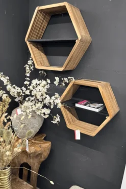 Teak Houten Wandrek – Set van 2 (Zeshoekig)