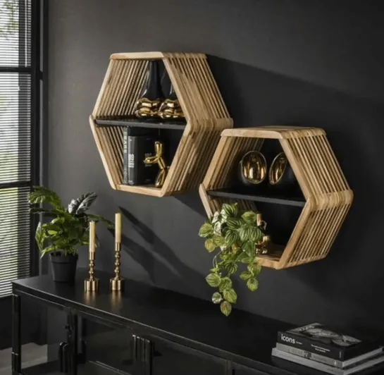Teak Houten Wandrek – Set van 2 (Zeshoekig)