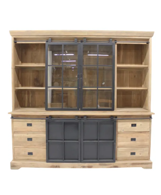 Teak vitrinekast met metalen deuren