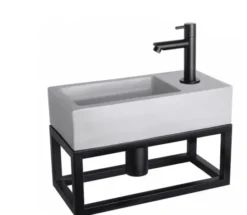 Toilet wasbakje met zwart metalen beugel er onder incl kraan, afvoerplug en sifon