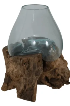 Vaas van Geblazen Glas op Teak Houten Stronk