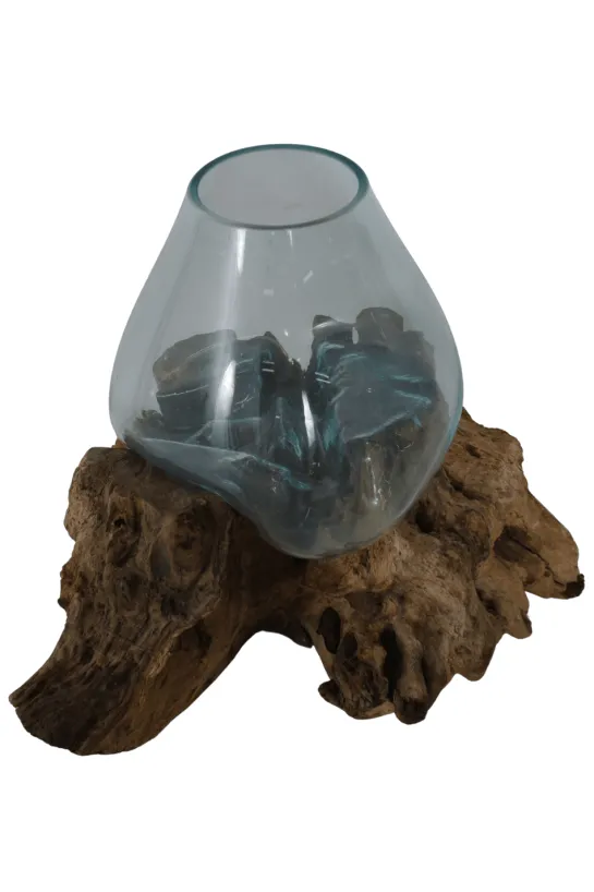 Vaas van Geblazen Glas op Teak Houten Stronk