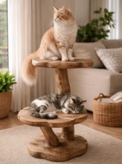 Wortel Teak Houten Kattenpaal / Plantentafel – 2 Plateau’s